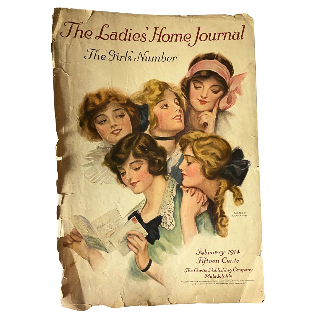 VTG The Ladies Home Journal Cover February 1914 The Girls' Number featuring five elegantly illustrated women, showcasing the historical artwork and design typical of early 20th-century magazines.