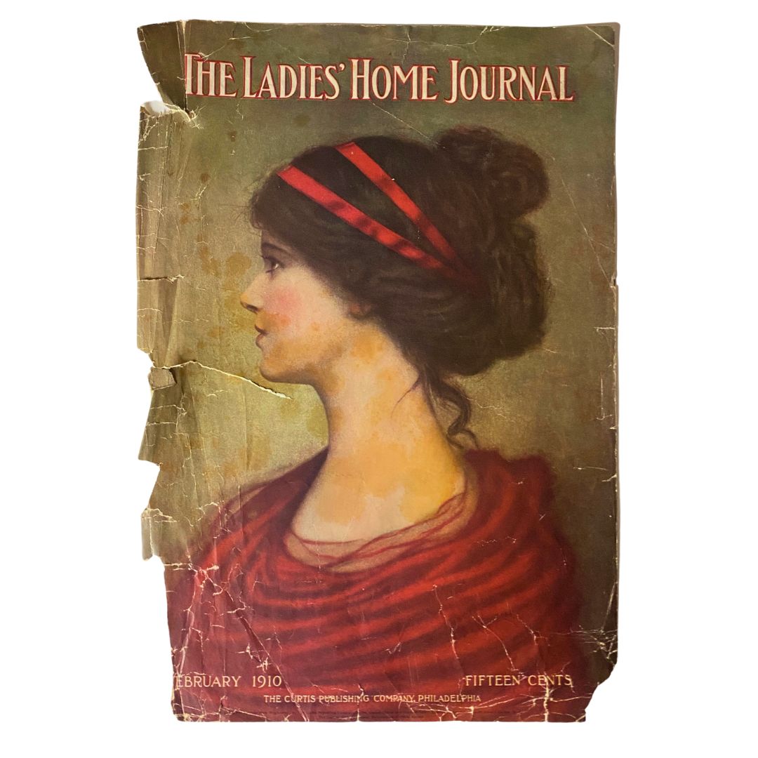 Vintage February 1910 cover of The Ladies Home Journal featuring a beautiful illustration by W.V. Cahill, showcasing early 20th-century American fashion and style.