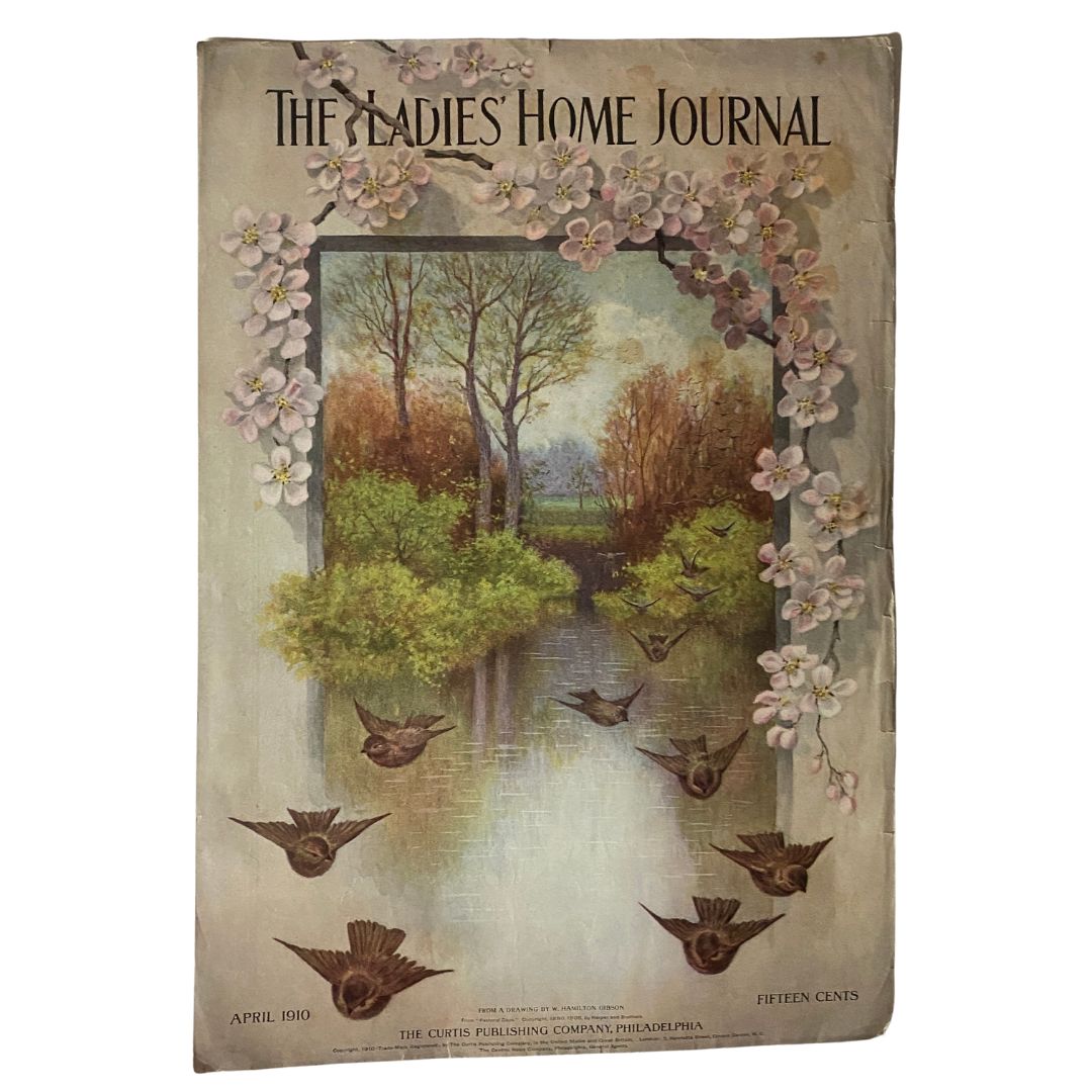 VTG The Ladies Home Journal Cover April 1910 featuring a serene landscape with flowers, showcasing early 20th-century design and vintage appeal.