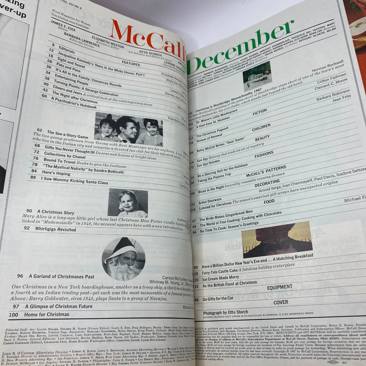 Interior pages of VTG McCall's Magazine December 1967 showcasing features and articles from the era of Jacqueline Kennedy's White House years.
