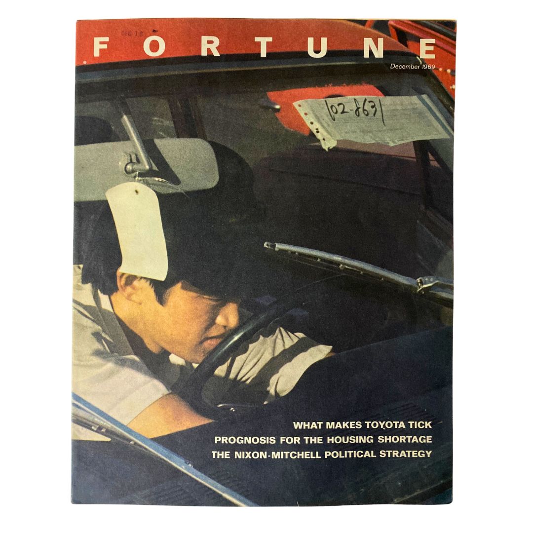 Fortune Magazine December 1969 featuring the Nixon-Mitchell Political Strategy. The cover displays a close-up image of a focused driver in a car, reflecting the era's design and topics including political strategy, housing, and automotive insights.
