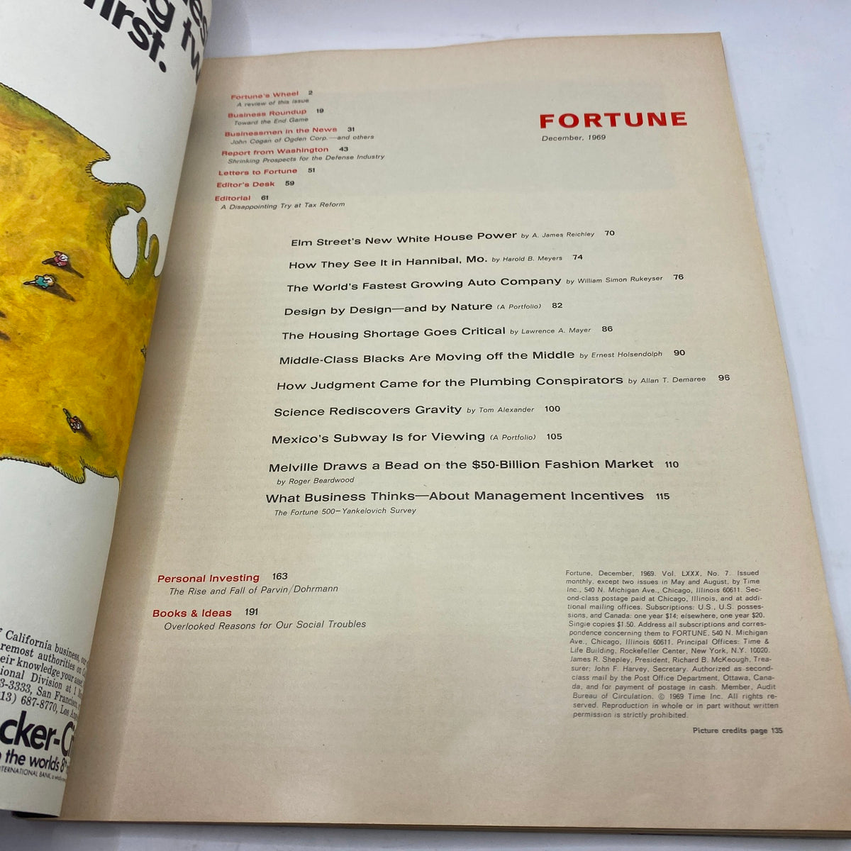 Fortune Magazine December 1969, featuring the contents page with articles on political strategy and economic trends.