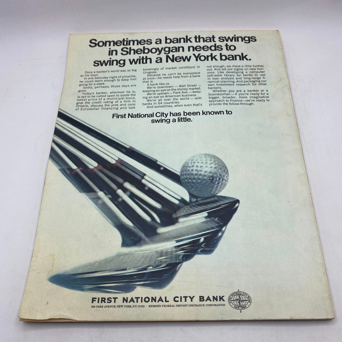 Fortune Magazine December 1969, showcasing an advertisement for First National City Bank with a golf theme.