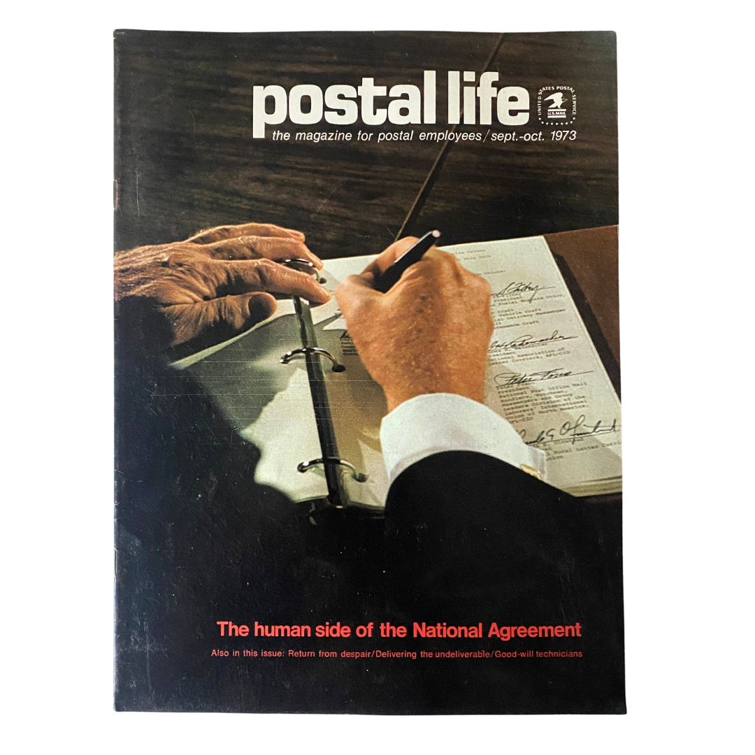 Cover of the VTG Postal Life Magazine September 1973 featuring hands signing a document, showcasing the theme 'The Human Side of the National Agreement'
