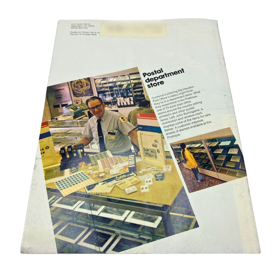 Cover of the VTG Postal Life Magazine from September 1973 titled 'The Human Side of the National Agreement', featuring a postal department store scene with a postal worker and various stamp displays.