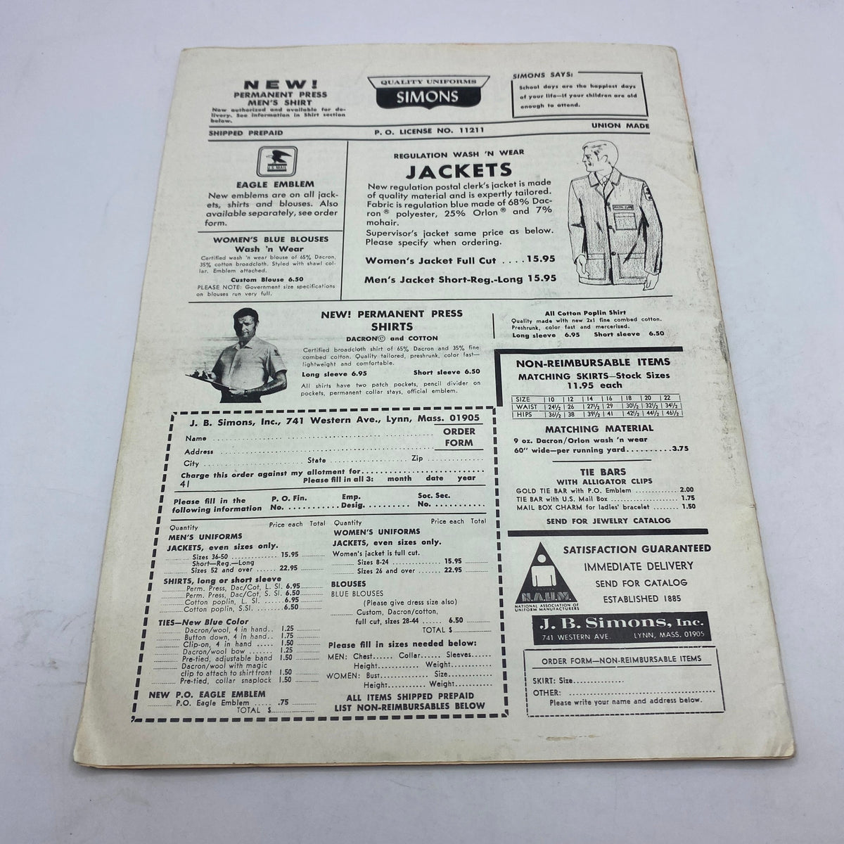 Back cover of VTG The Union Postal Clerk Journal April 1971, displaying advertisements for workwear jackets and shirts, reflecting the era's fashion and products.