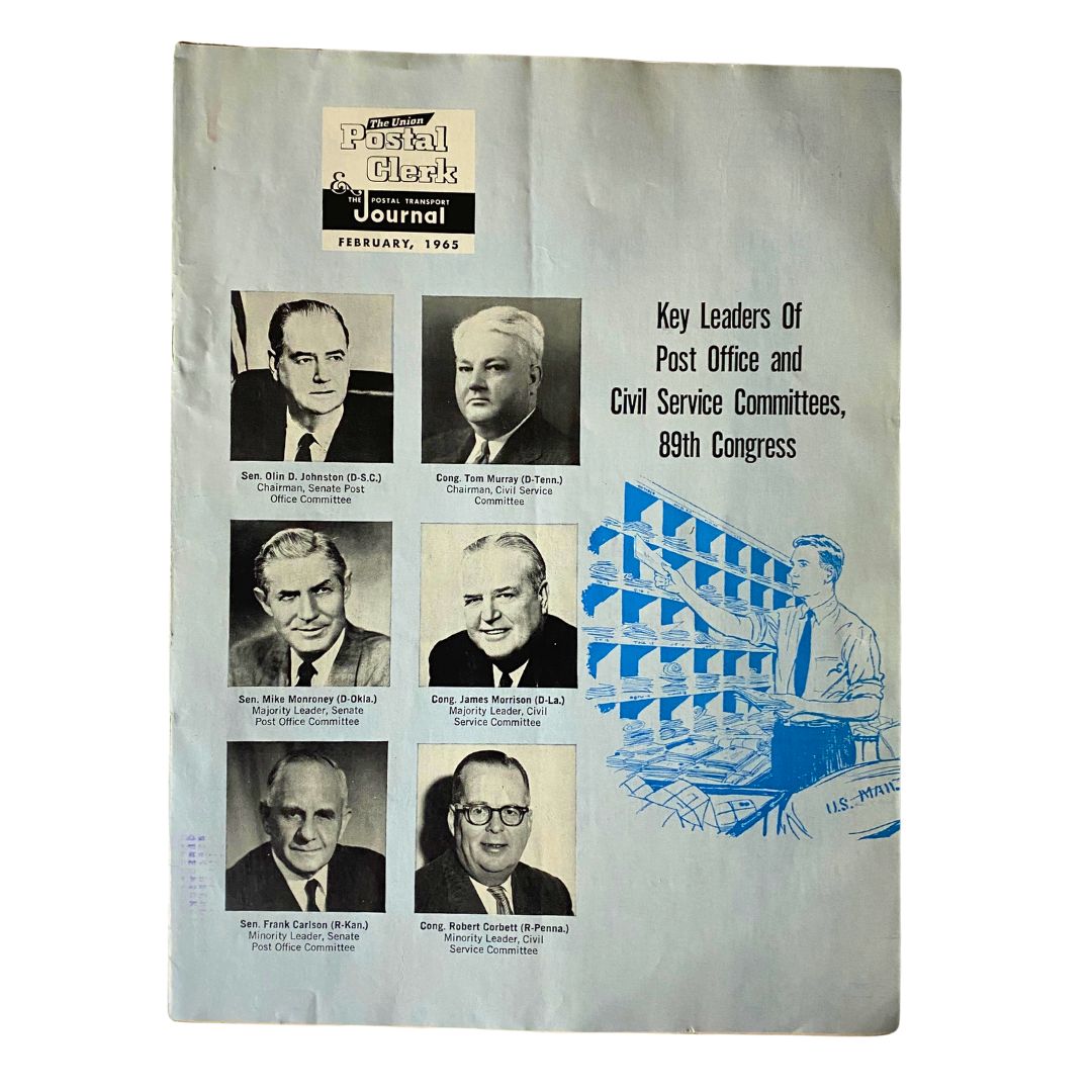 Cover of VTG The Union Postal Clerk Journal February 1965 showcasing key leaders of the Post Office and Civil Service Committees in the 89th Congress.