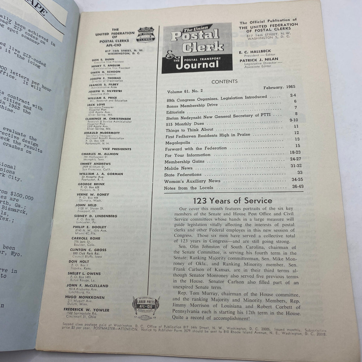 Inside contents page of VTG The Union Postal Clerk Journal February 1965 detailing articles and topics related to postal service and organizational updates.