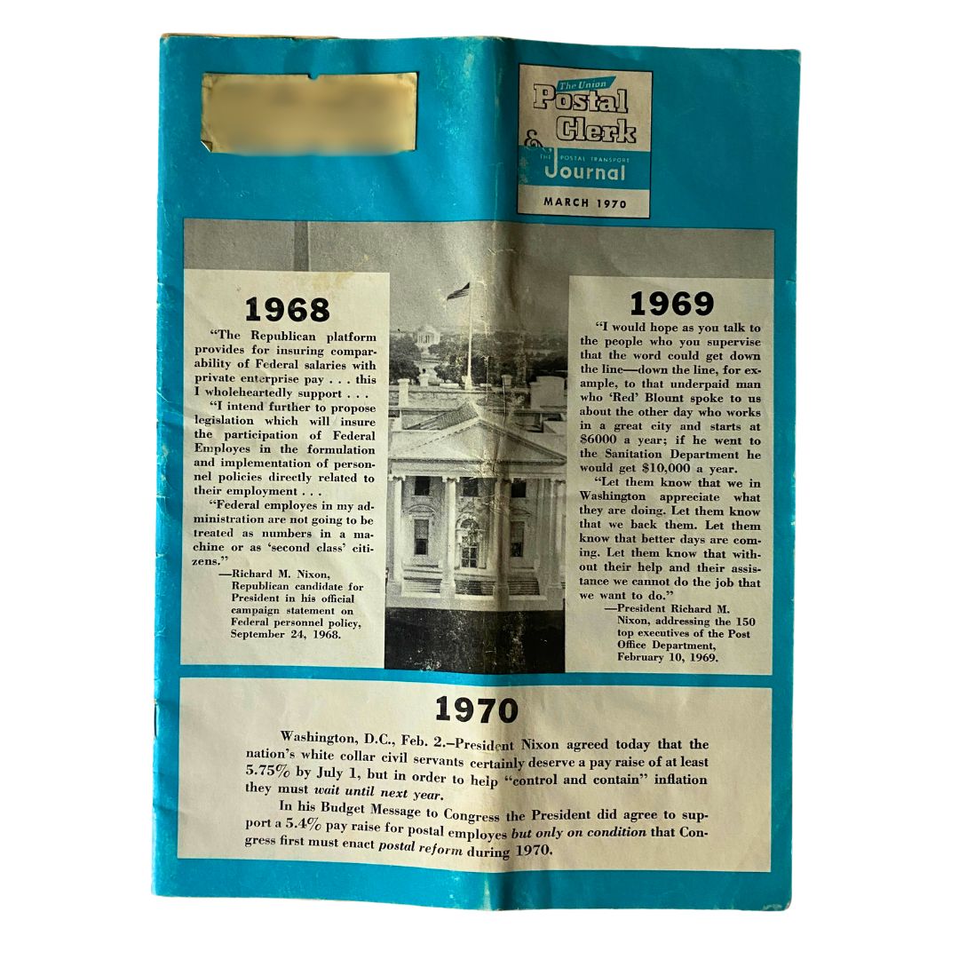 Cover of VTG The Union Postal Clerk Journal from March 1970, featuring key events from 1968, 1969, and 1970, highlighting postal history and Richard Nixon's statements.
