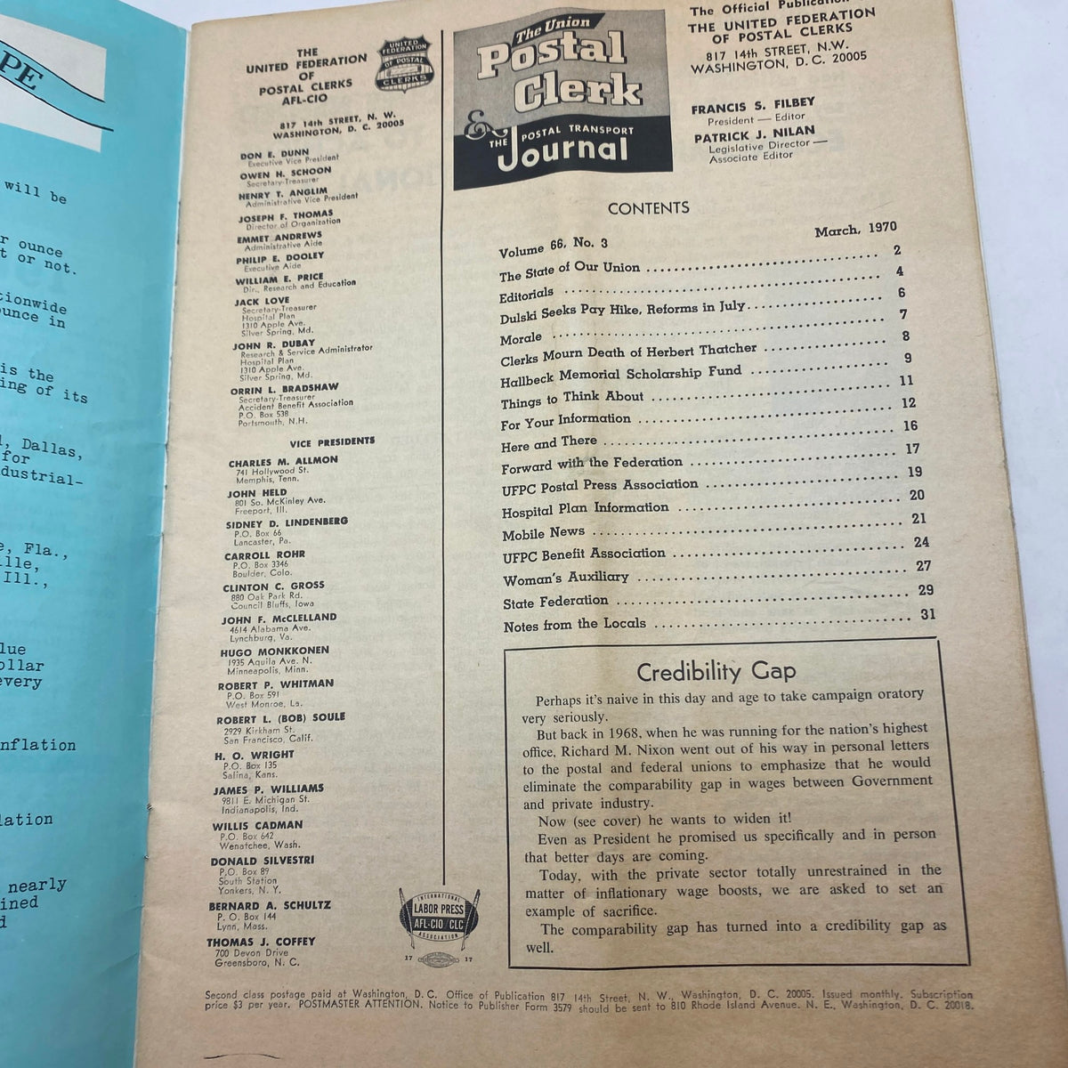 Contents page of VTG The Union Postal Clerk Journal from March 1970, listing articles and features related to the postal union and its historical context.
