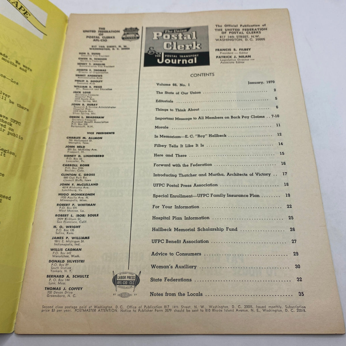 Cover page of the VTG The Union Postal Clerk Journal from January 1970, featuring contents including articles on filing back pay claims and organization updates.