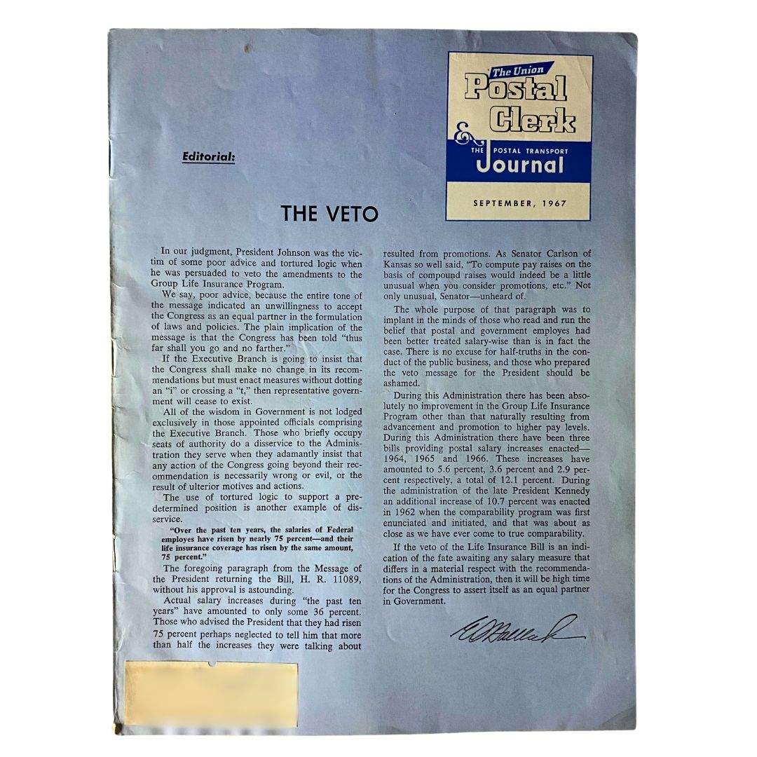 Cover of the Union Postal Clerk Journal, September 1967, featuring editorial on 'The Veto' related to the Lyndon B. Johnson presidency.