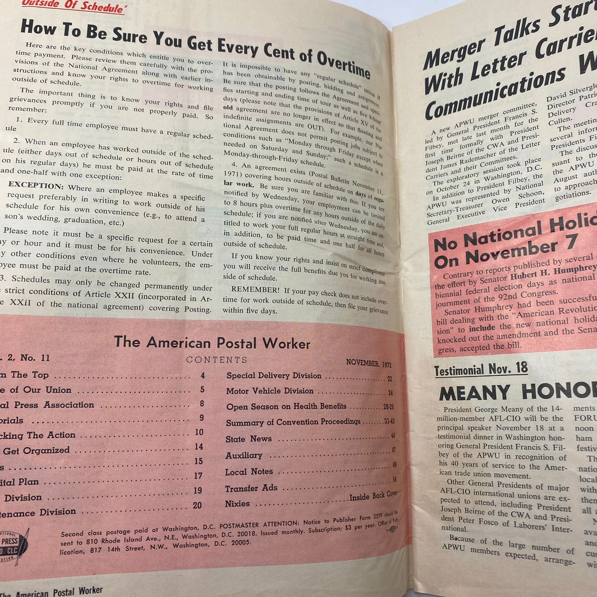 Inside pages of VTG The American Postal Worker Magazine from November 1972, showcasing content related to overtime rights, union information, and health benefits during the open season.