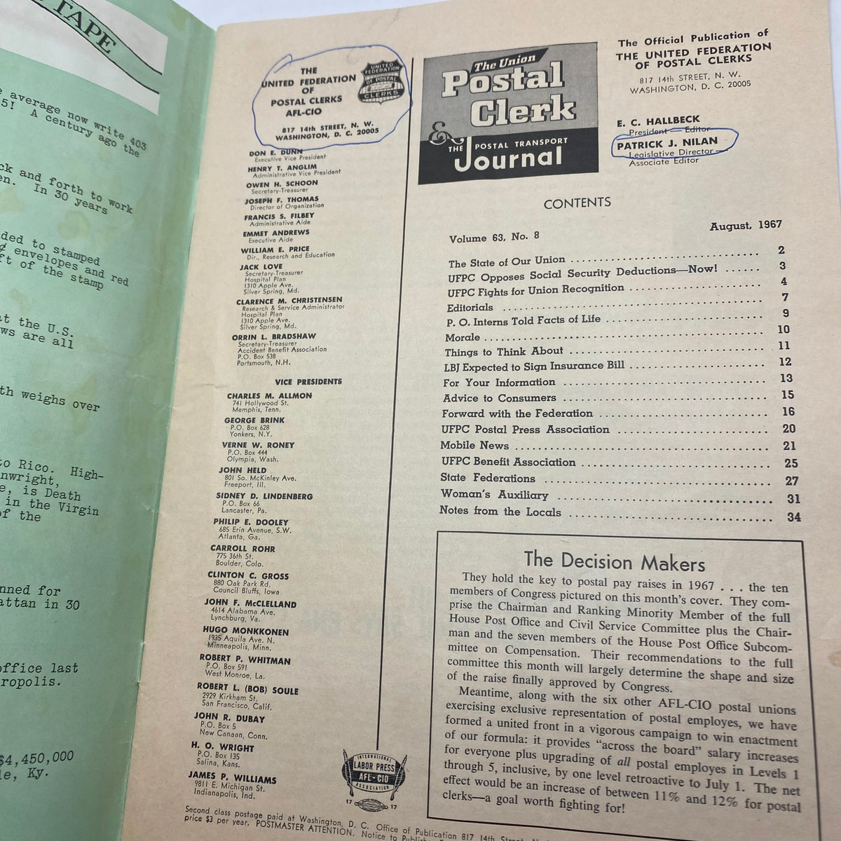 Interior page of VTG The Union Postal Clerk Journal from August 1967, outlining the journal's contents and showcasing articles relevant to the postal service and its unions.