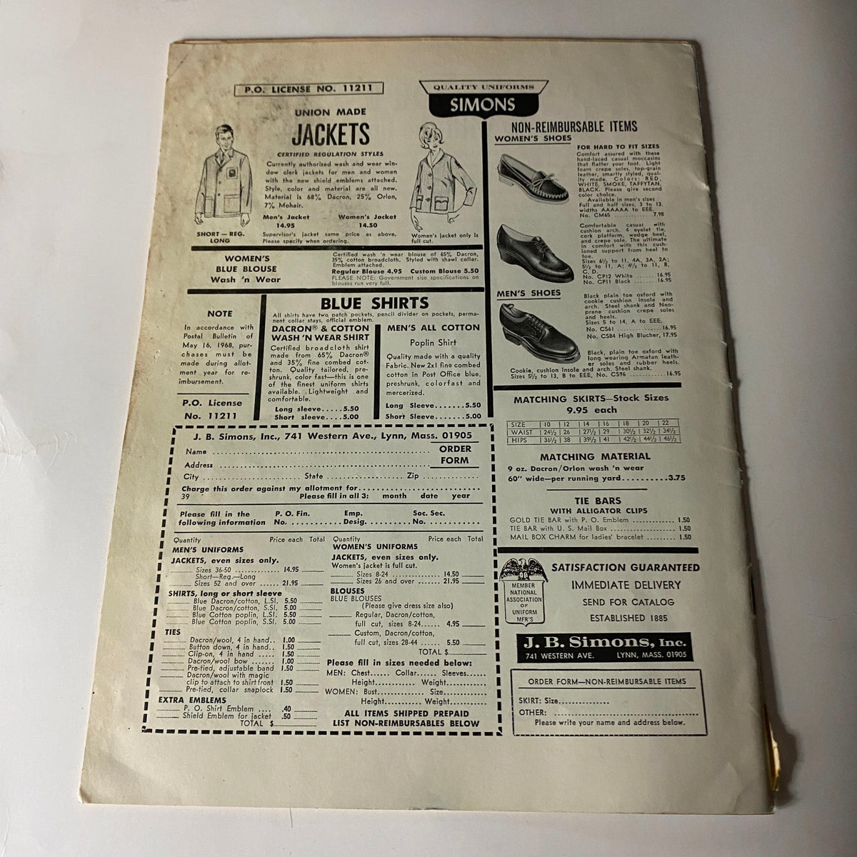 Back cover of the VTG The Union Postal Clerk Journal March 1969, showcasing advertisements for jackets, blue shirts, and men's shoes, capturing the essence of postal department apparel and culture in the late 1960s.