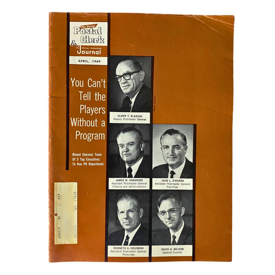Cover of VTG The Union Postal Clerk Journal from April 1969 featuring the title 'You Can’t Tell the Players Without a Program' and images of top executives running the Post Office Department.