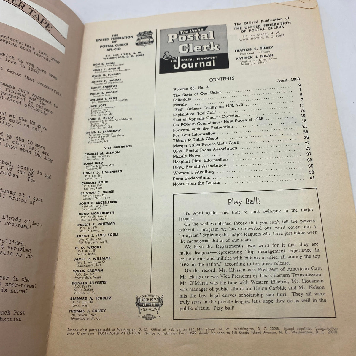 VTG The Union Postal Clerk Journal April 1969, showcasing the front cover, featuring articles on postal management and operations during the era.
