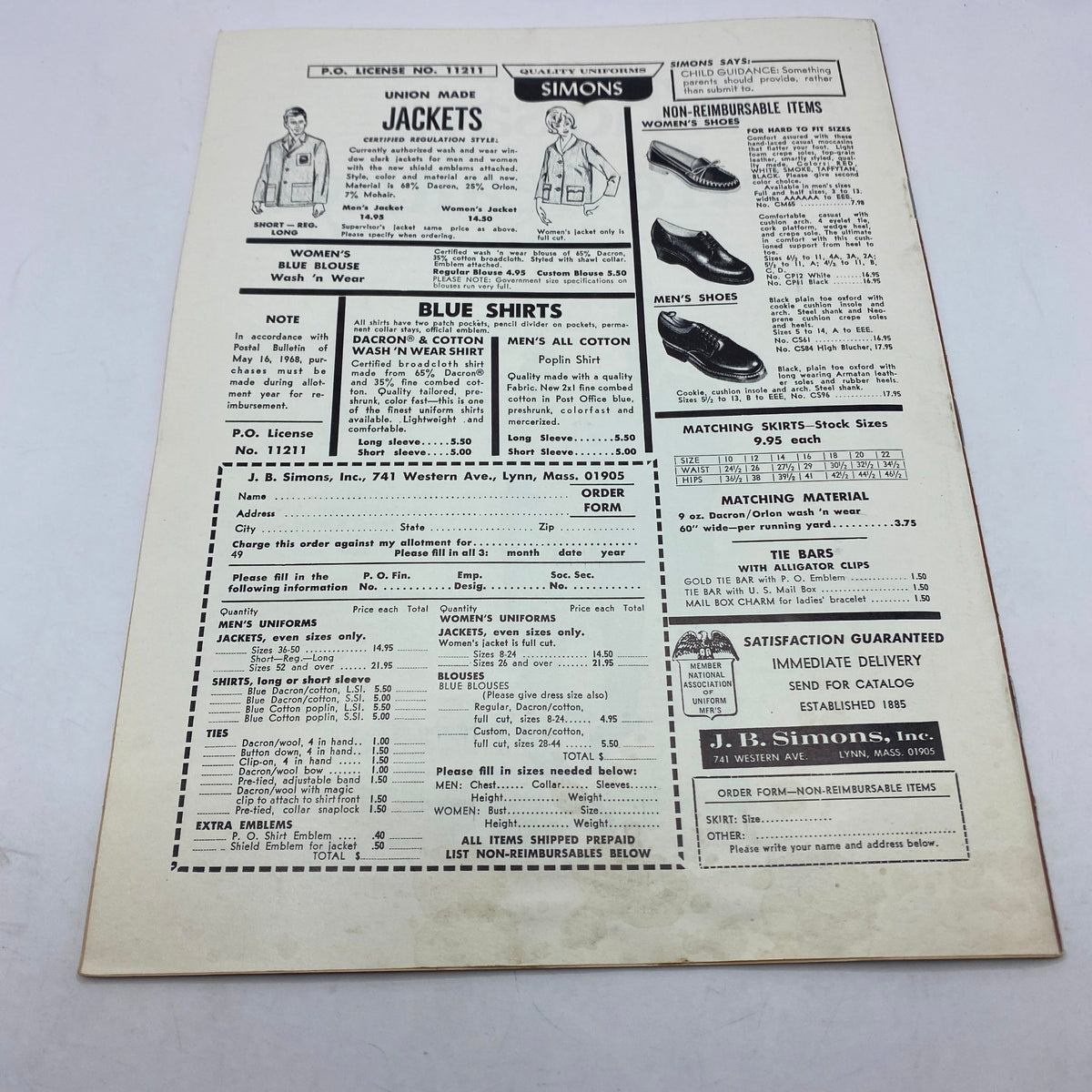 VTG The Union Postal Clerk Journal April 1969, displaying the back cover with advertisements for clothing items such as jackets and shirts.