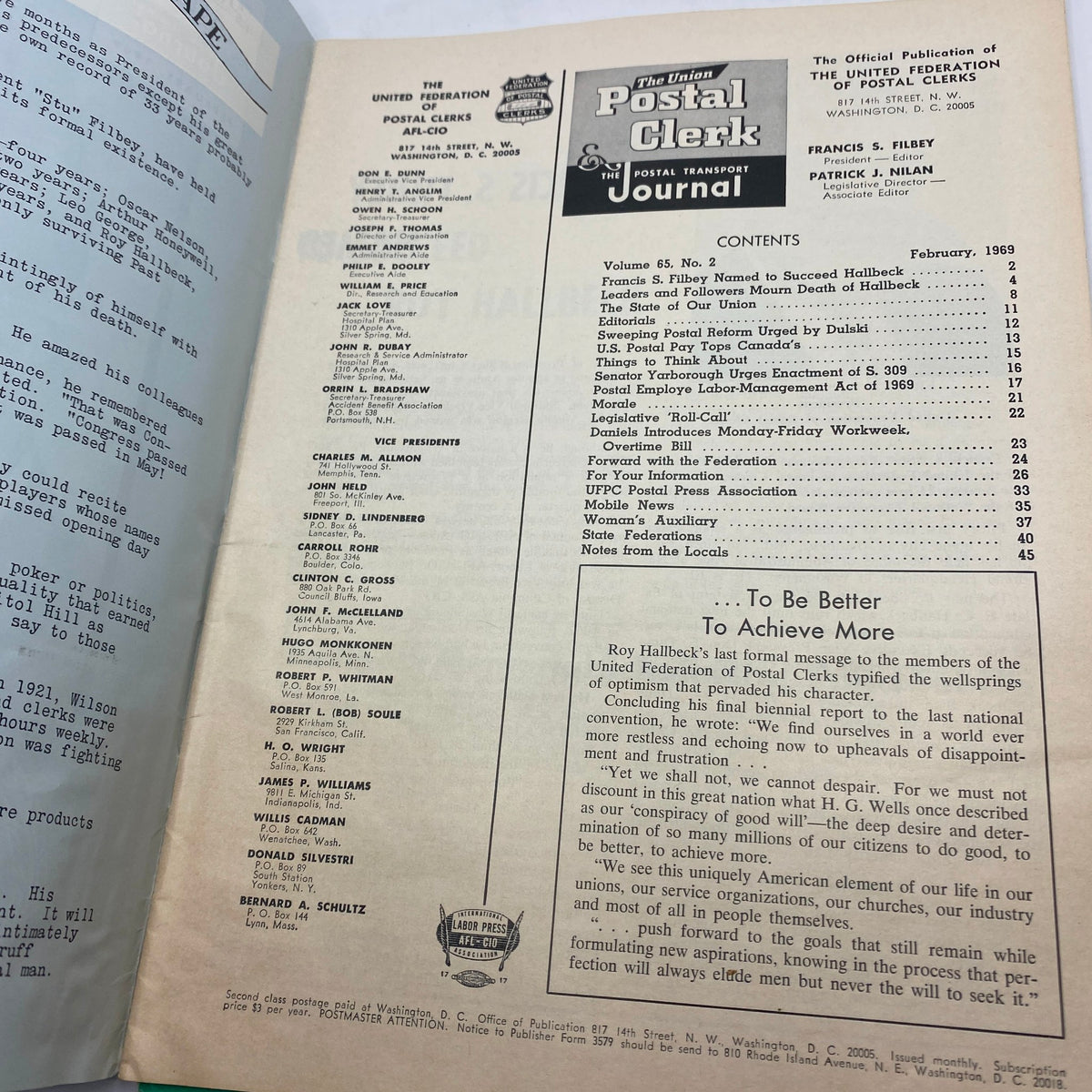 Contents page of the VTG The Union Postal Clerk Journal February 1969, detailing various articles and features related to postal service history and updates.