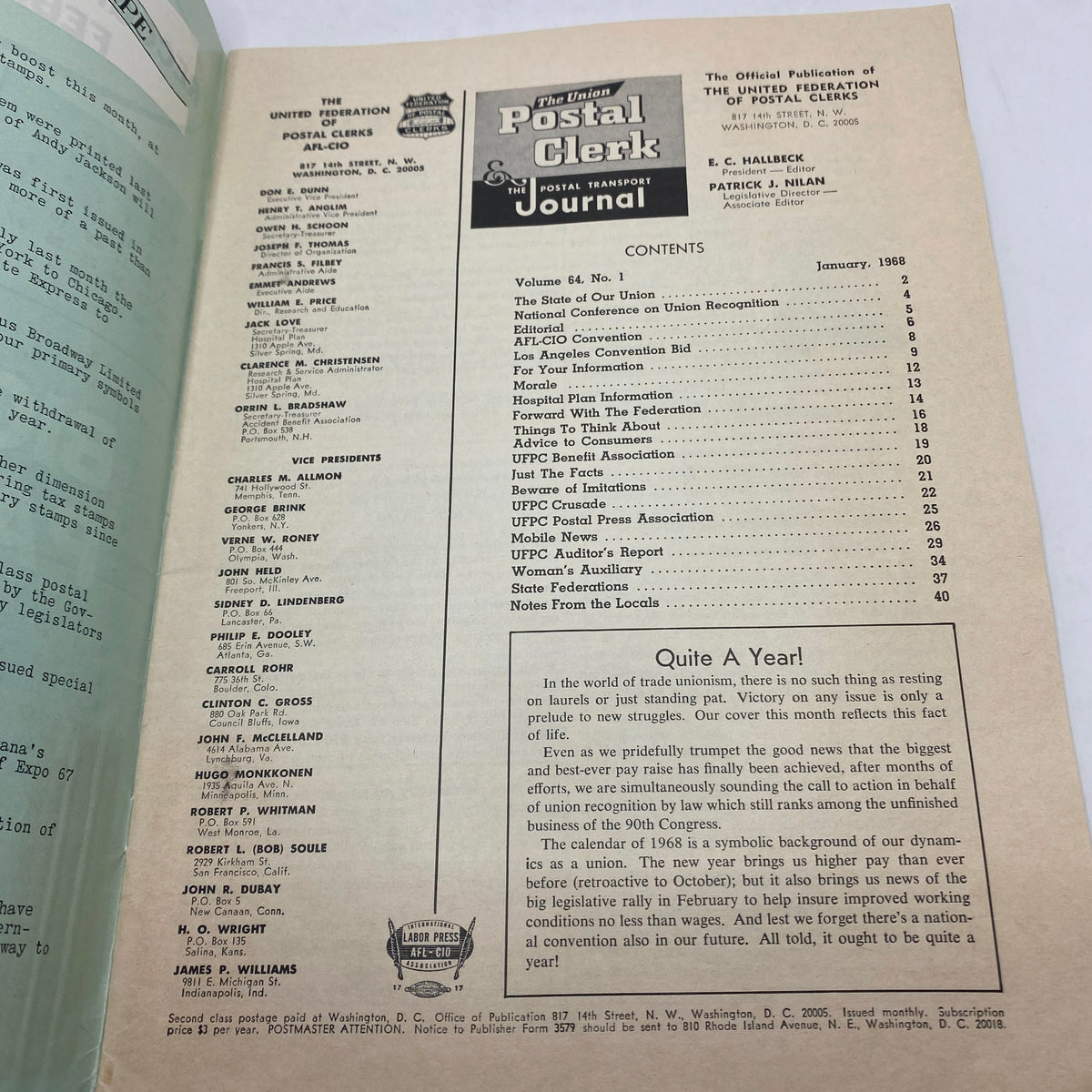 Table of contents page from VTG The Union Postal Clerk Journal January 1968, outlining articles and topics related to union affairs.