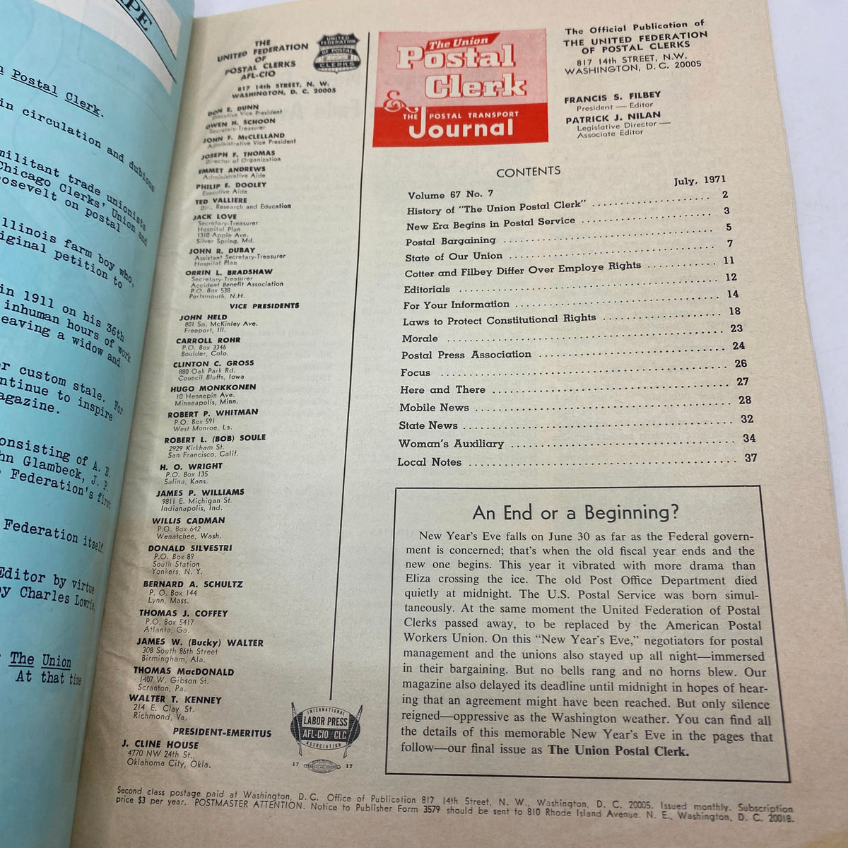 Contents page of VTG The Union Postal Clerk Journal July 1971, listing articles and features related to postal service and labor issues.