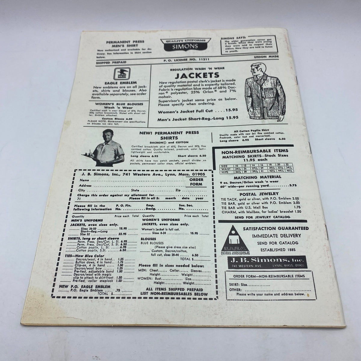 Back cover advertisement of VTG The Union Postal Clerk Journal July 1971, showcasing a product listing and promotional content for postal uniforms and jackets.