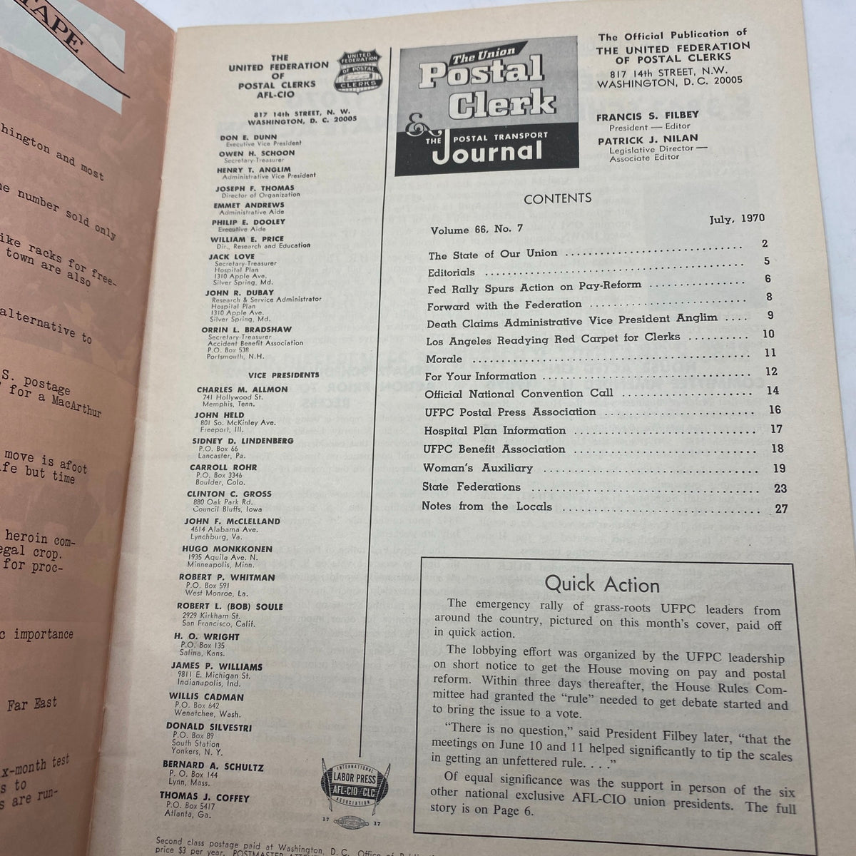 Contents page of VTG The Union Postal Clerk Journal, July 1970, listing articles and features from the publication.