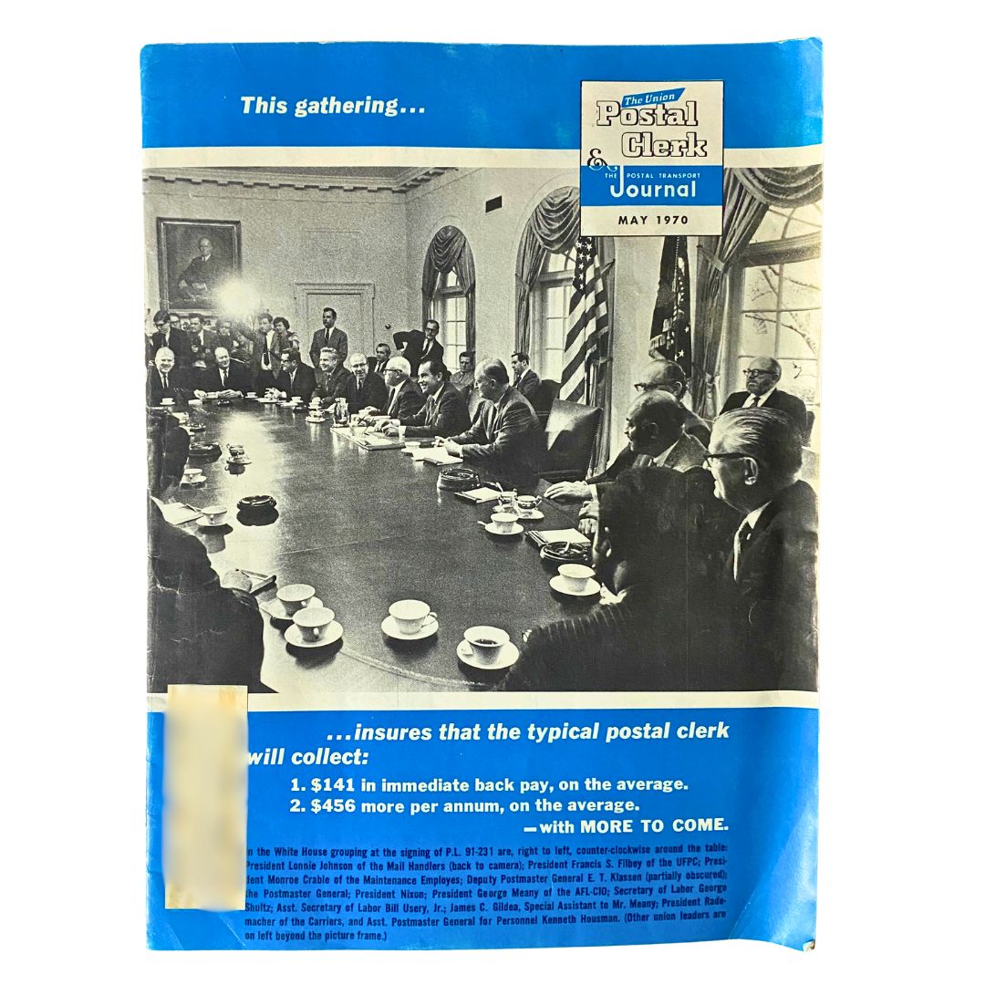 VTG The Union Postal Clerk Journal May 1970 Vol 66 No. 5 A Quick Harvest cover image featuring a gathering around a table, showcasing postal officials and a detailed meeting backdrop.