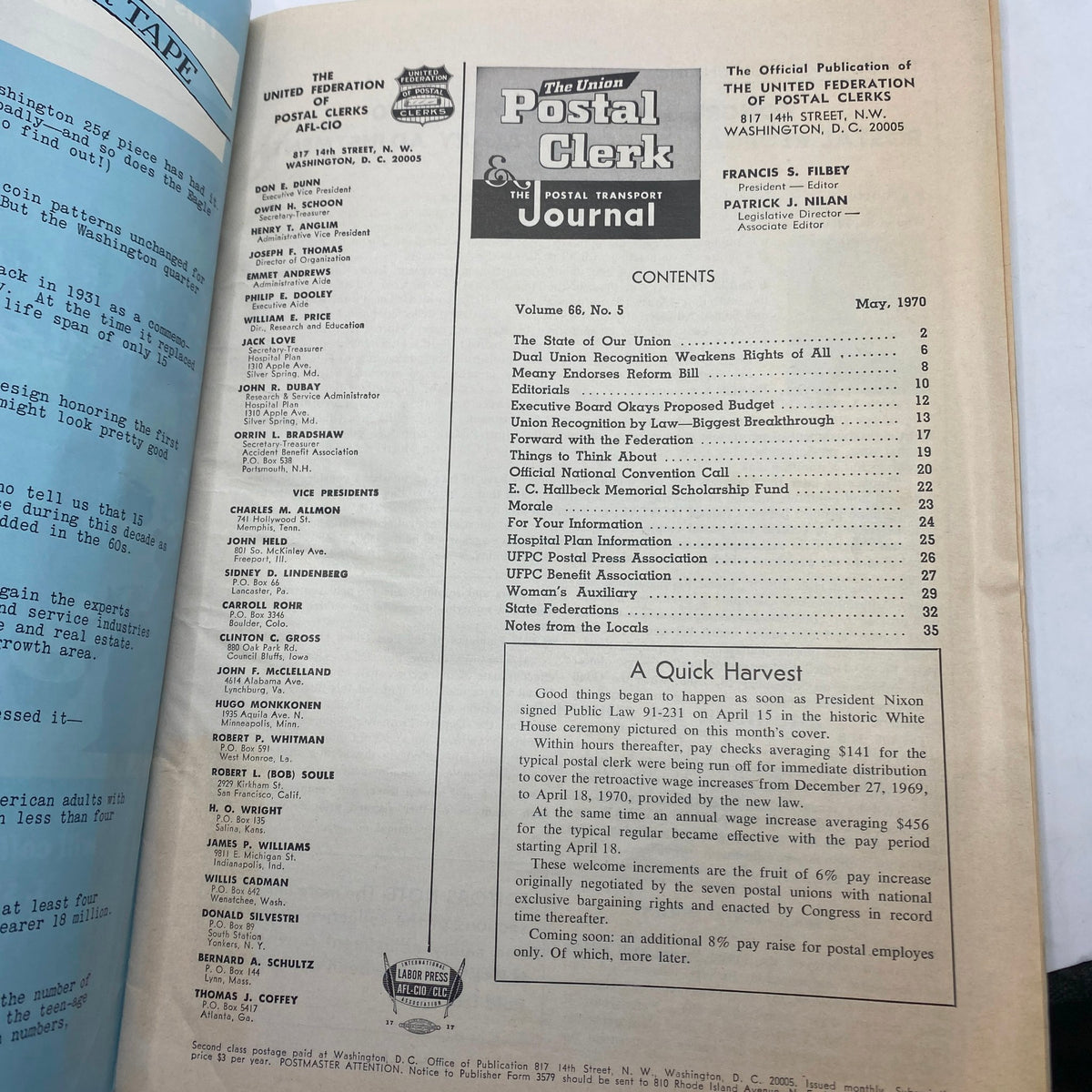Contents page of VTG The Union Postal Clerk Journal May 1970 Vol 66 No. 5 A Quick Harvest detailing articles and features, including postal worker issues and organizational insights.