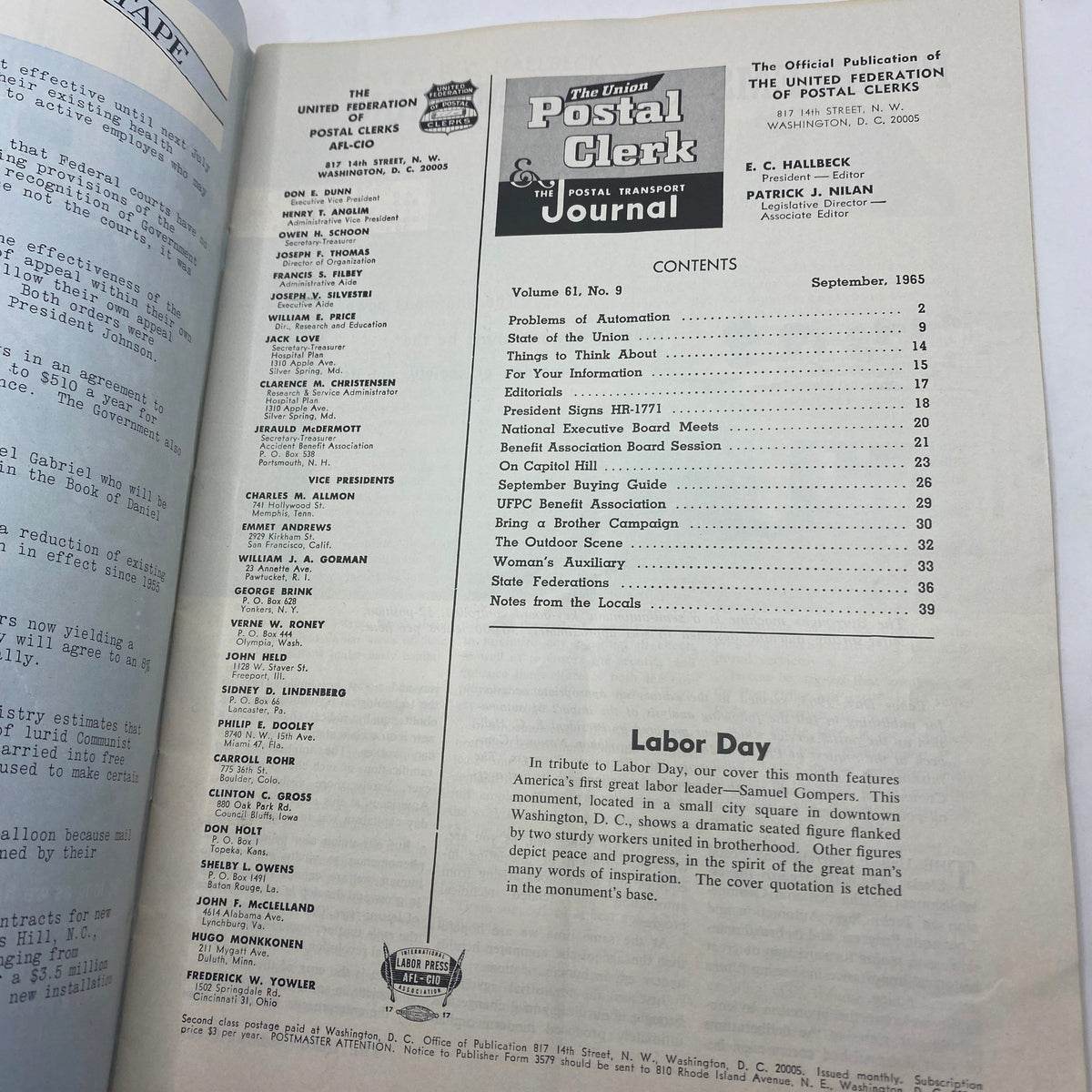 Contents page of VTG The Union Postal Clerk Journal September 1965 listing feature articles, including labor rights discussions and postal service updates.
