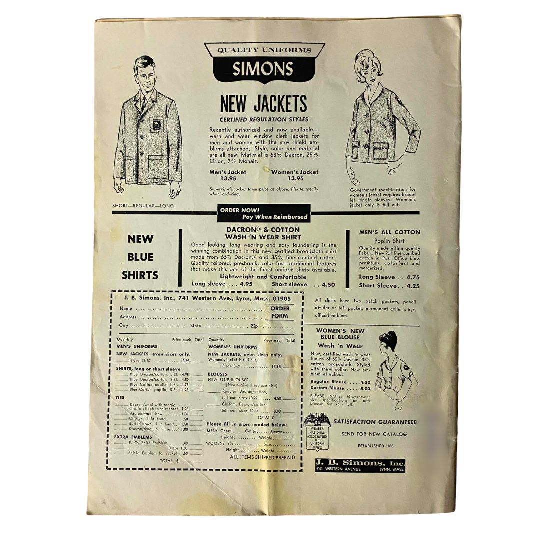 Advertisement page from VTG The Union Postal Clerk Journal September 1965 showcasing uniforms for postal workers with details on ordering.