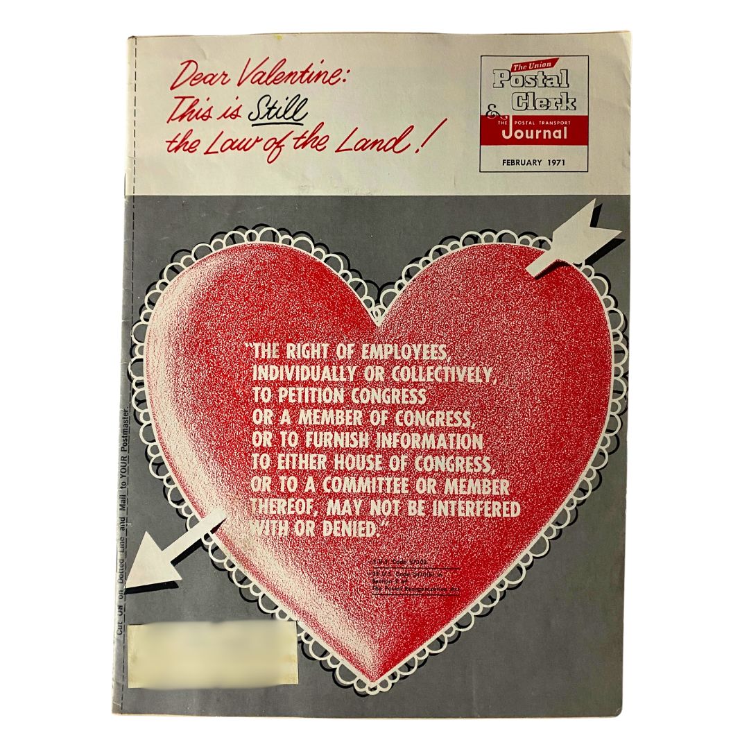 VTG The Union Postal Clerk Journal February 1971 cover featuring a heart design with the text 'Dear Valentine: This is Still the Law of the Land!'