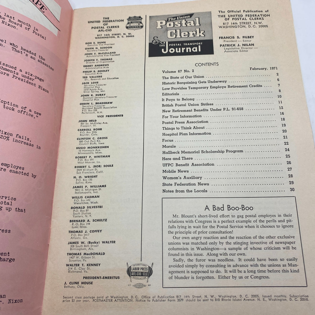 Inside page of the VTG The Union Postal Clerk Journal February 1971 displaying the table of contents and contributions from various authors.