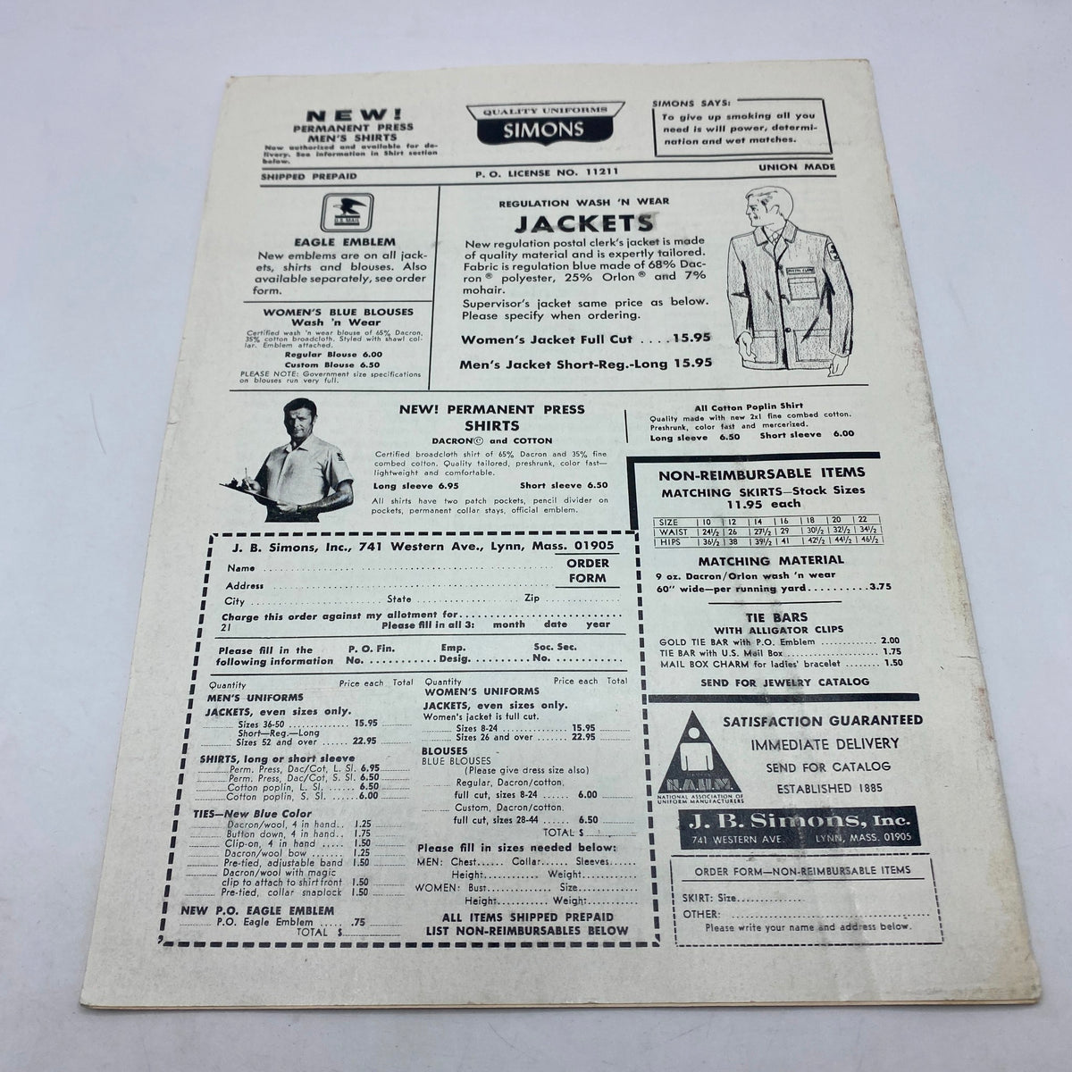 Back page of the VTG The Union Postal Clerk Journal February 1971 featuring advertisements for jackets and shirts.