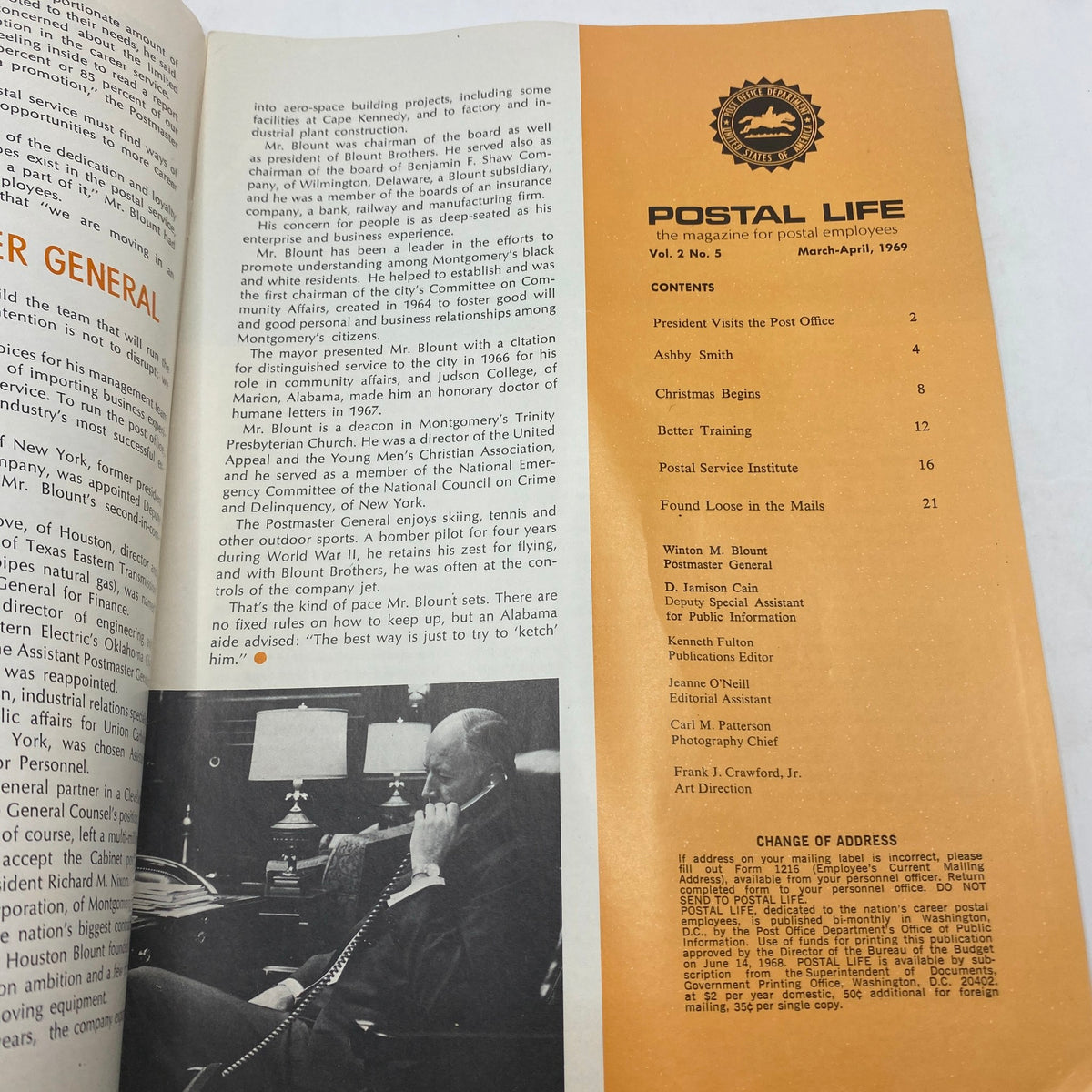 Inside page of VTG Postal Life Magazine March - April 1969, detailing content and featuring photo and article about the Postmaster General during the period.