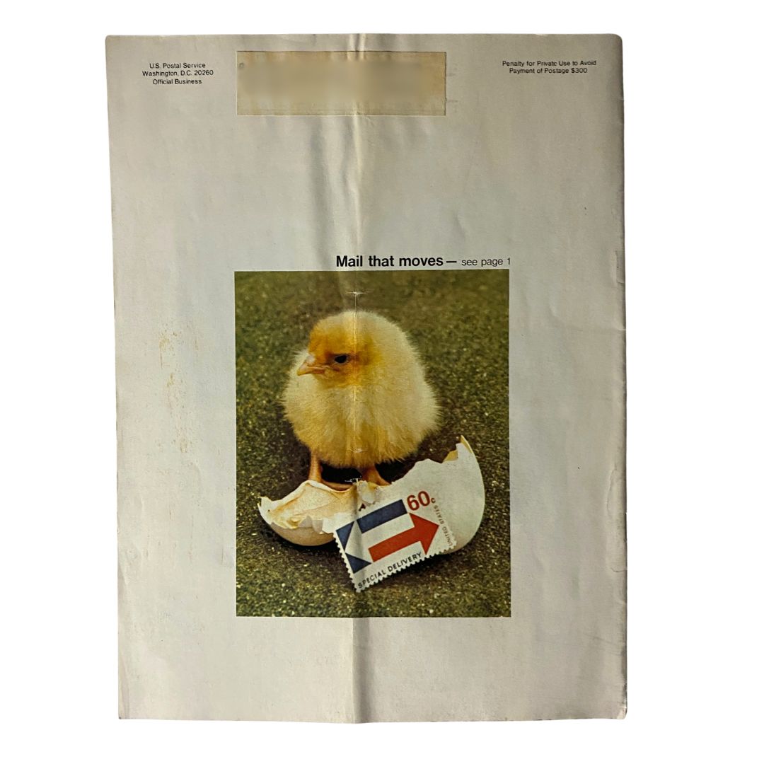 Back cover of VTG Postal Life Magazine November 1971 showing a cute chick hatching from an egg with a postal stamp, emphasizing the theme 'Mail That Moves'.