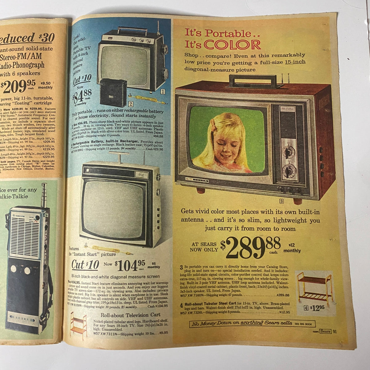1967 Sears Timely Back To School Catalog featuring vintage portable televisions, showcasing a 15-inch diagonal television with promotional pricing, emphasizing mid-century electronics.