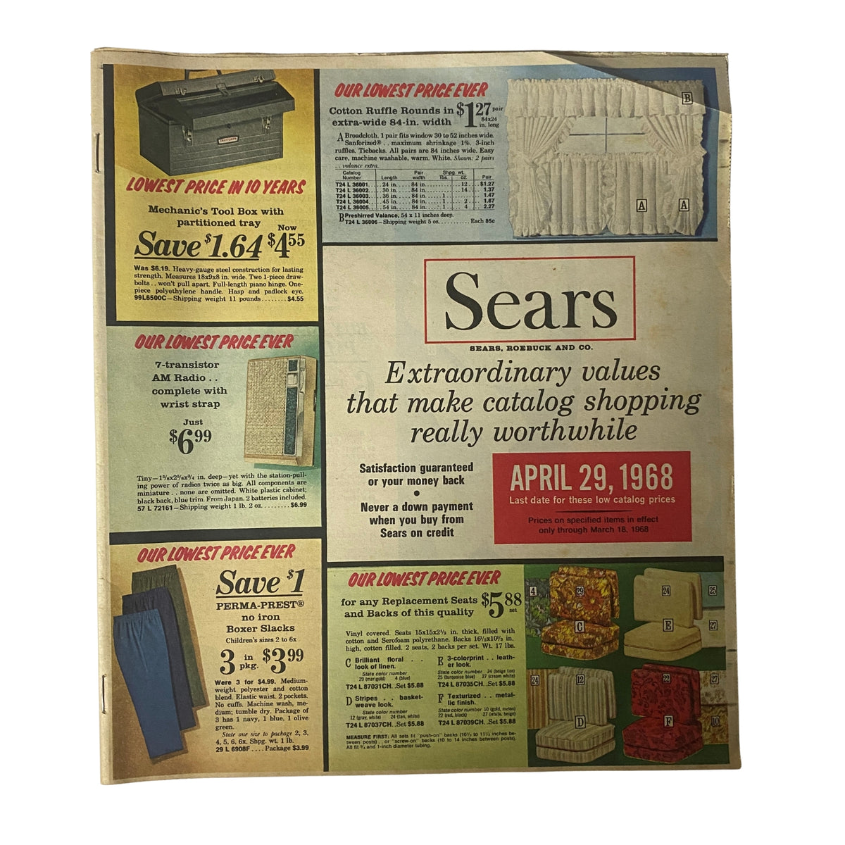 Cover page of the 1968 Sears Perma-Prest Casuals Catalog showcasing various promotional offers and products, featuring price highlights and brand details.