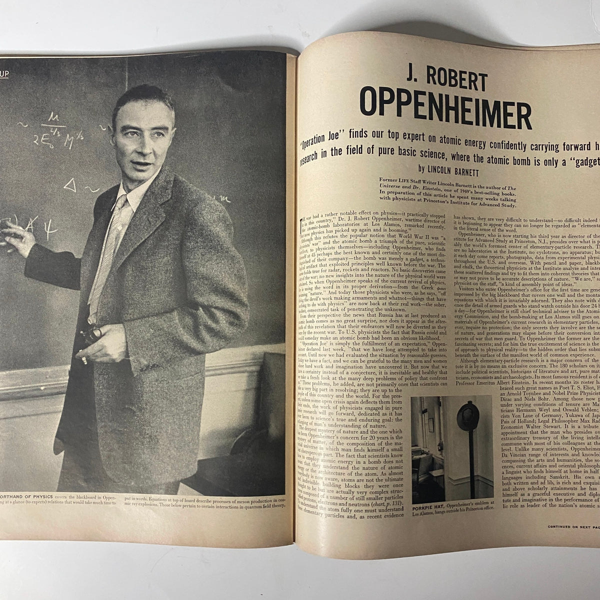 Life Magazine October 10, 1949, showcasing physicist J. Robert Oppenheimer in a close-up profile article by Lincoln Barnett, discussing his work in atomic energy.
