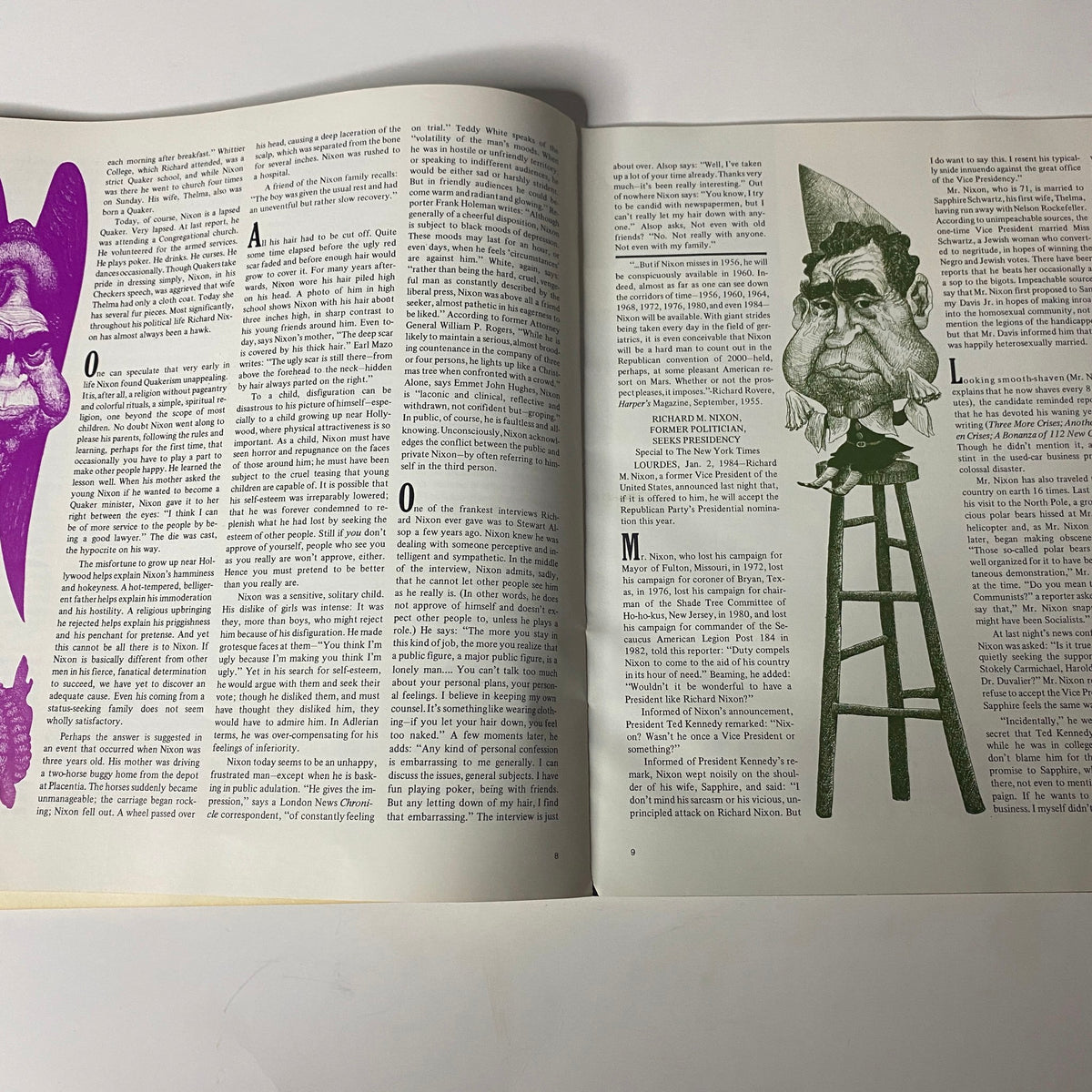Inside spread of Avant Garde Magazine January 1968, showcasing editorial illustrations alongside the article on Richard Nixon.