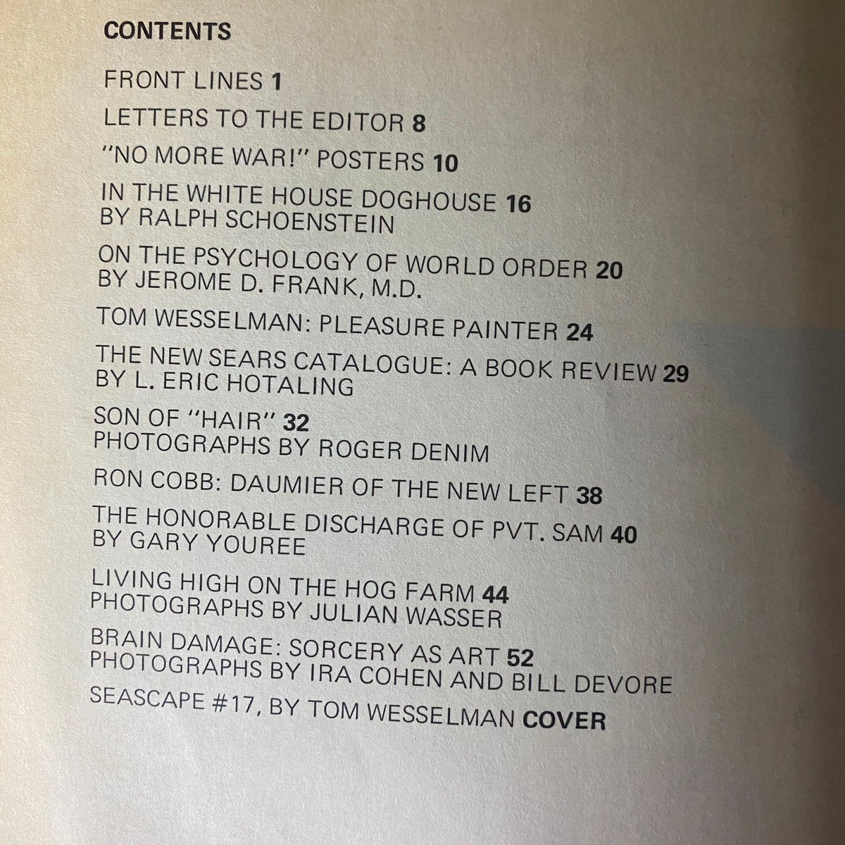 Contents page of Avant Garde Magazine November 1968 featuring articles including 'Front Lines', 'Letters to the Editor', and 'No More War! Posters'.