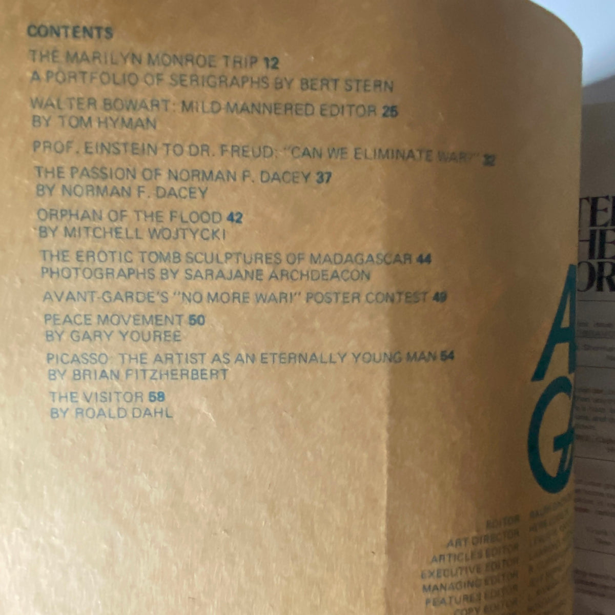 Table of contents from Avant Garde Magazine March 1968 Issue No. 2 highlighting articles including 'The Marilyn Monroe Trip' and features by Tom Hyman and Norman F. Dacey.