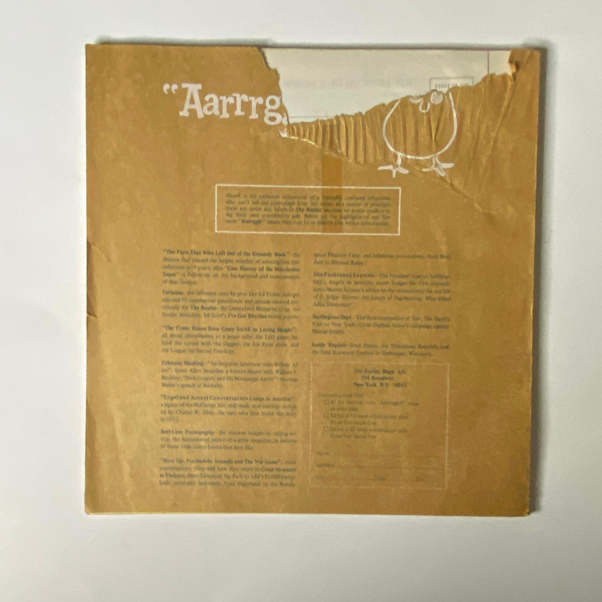 Back cover of Avant Garde Magazine March 1968 Issue No. 2 with noticeable damage, displaying the publication's historical context and design.