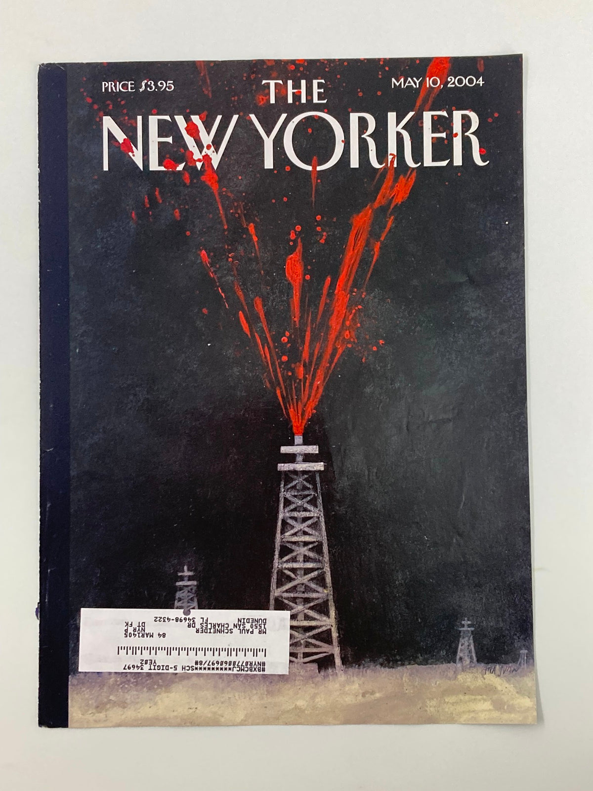 Cover of The New Yorker, May 10, 2004, titled 'Open Wound' by Ana Juan, showcasing a dramatic depiction of oil eruptions with bold red colors on a black canvas.