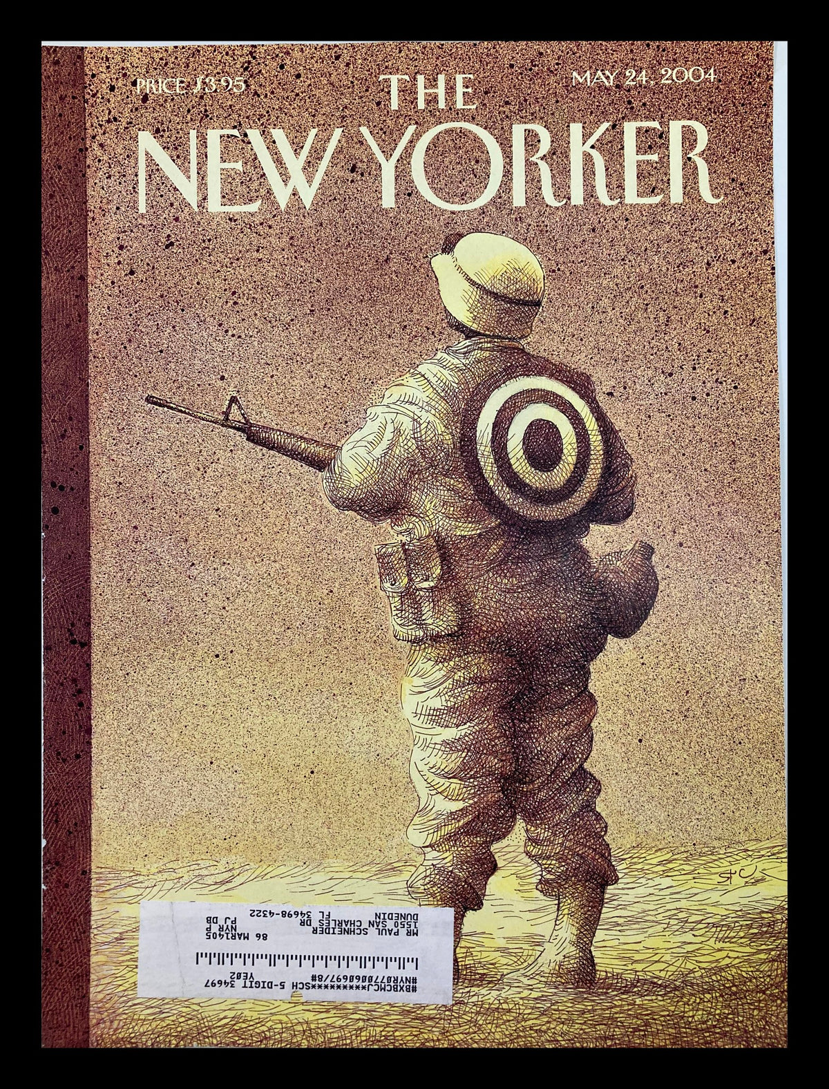 Cover of The New Yorker dated May 24, 2004, featuring the illustration 'Army of One' by Raul Colón, depicting a soldier with a target design on his back.