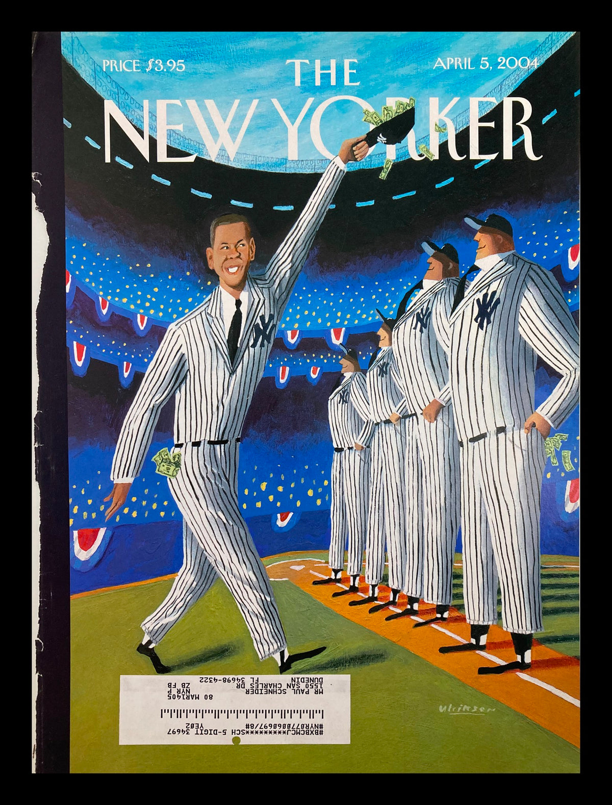 The New Yorker April 5 2004 cover showcasing 'Stars & Stripes Forever' by Mark Ulriksen, featuring a lively illustration of a man in a striped suit amidst a colorful stadium setting.