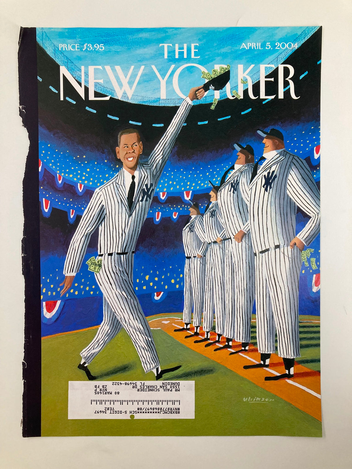 The New Yorker April 5 2004 Cover - Stars & Stripes Forever by Mark Ulriksen showcasing a man in pinstriped attire celebrating, standing out in a stadium filled with cheering figures.