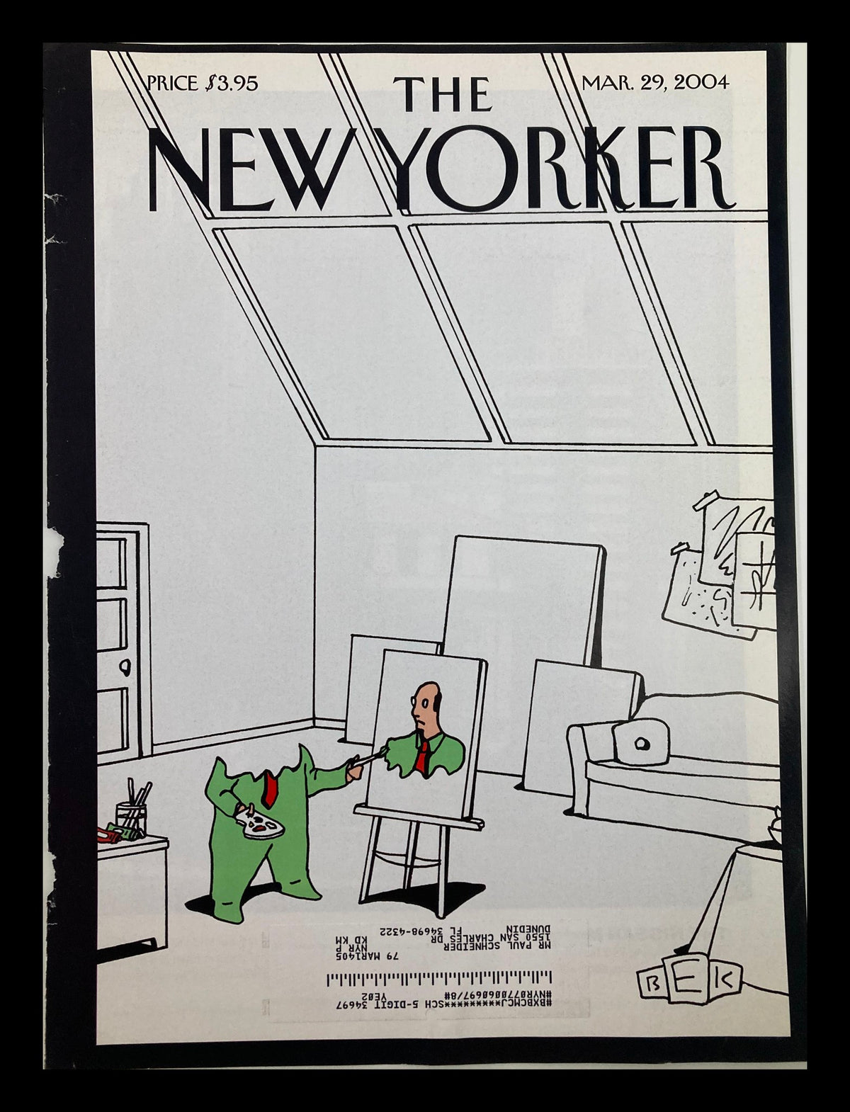 COVER ONLY The New Yorker March 29 2004 featuring a Self Portrait by Bruce Eric Kaplan, showcasing a character in a green outfit painting a self-portrait in a bright room.