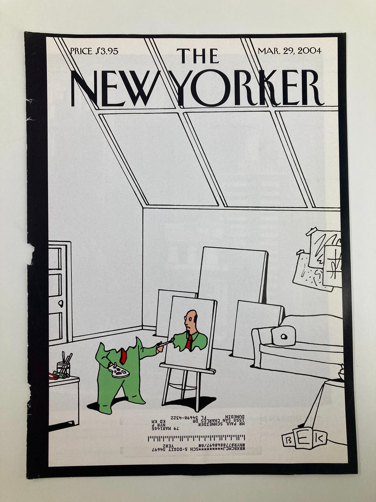 COVER ONLY The New Yorker March 29 2004 featuring a Self Portrait by Bruce Eric Kaplan, depicting a figure in a green outfit in front of an easel, emphasizing the artistic theme and design.