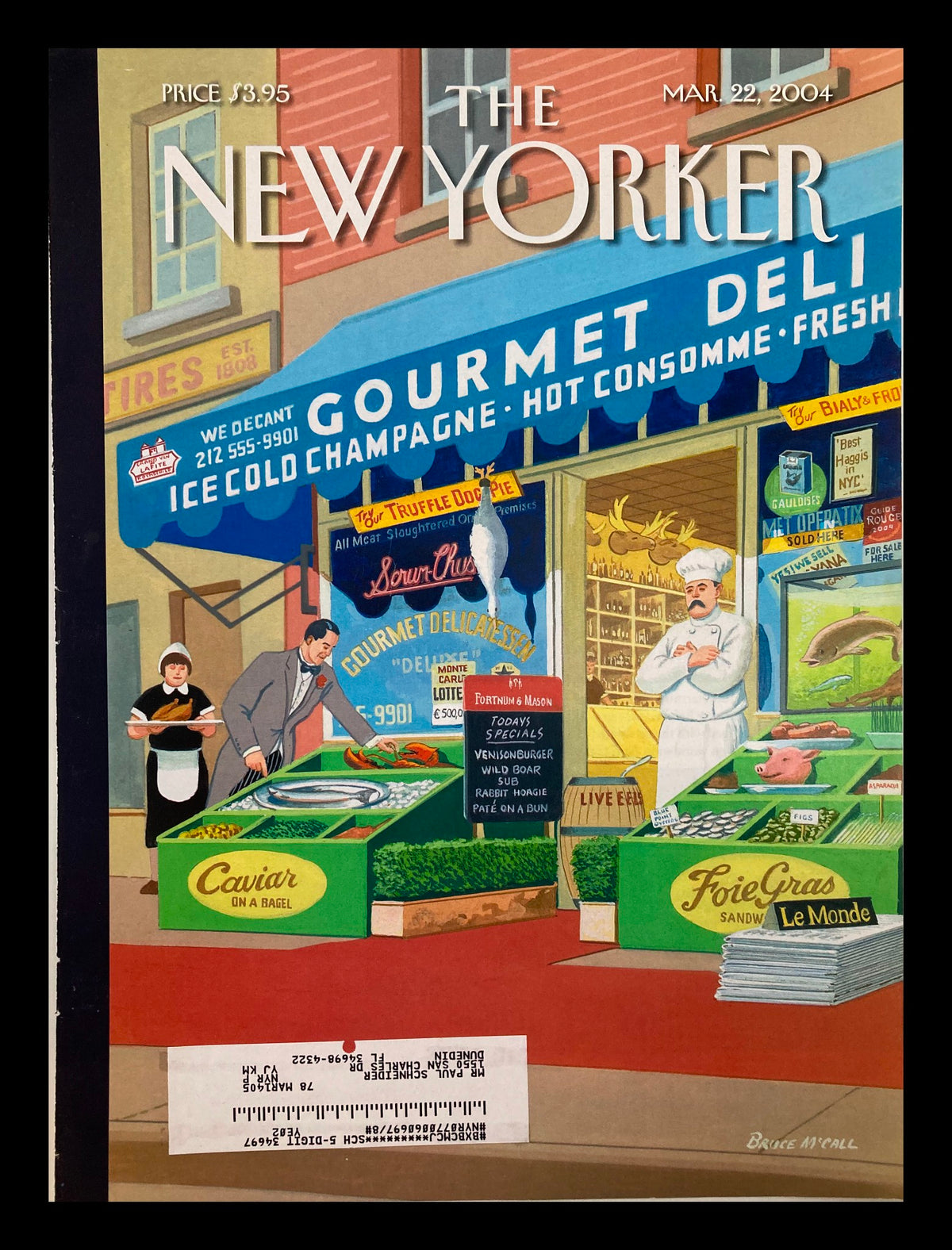 COVER ONLY The New Yorker March 22 2004 Manhattan Mirage by Bruce McCall, featuring a vibrant deli scene with chefs and colorful gourmet products.